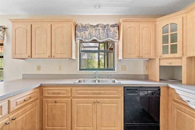 2807 Country River Dr, Parrish, FL 34219 - kitchen featuring dishwasher, light brown cabinets, a sink, wallpapered walls, and light countertops