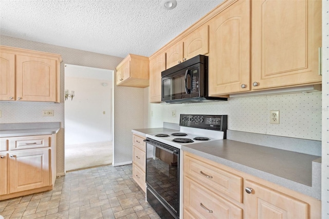 2807 Country River Dr, Parrish, FL 34219 - kitchen featuring white range with electric stovetop, light brown cabinets, black microwave, a textured ceiling, and light countertops