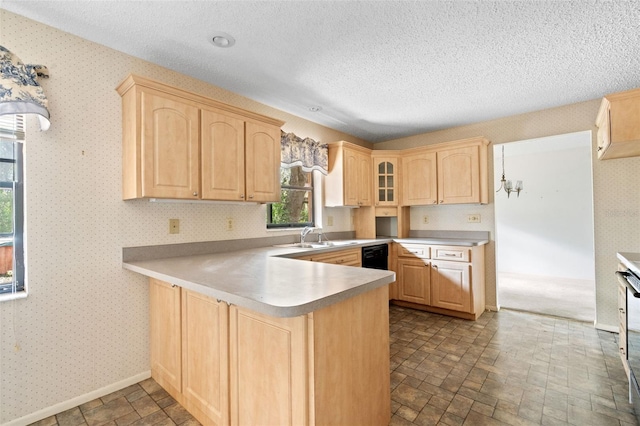 2807 Country River Dr, Parrish, FL 34219 - kitchen with light brown cabinets, a sink, a peninsula, a textured ceiling, and glass insert cabinets