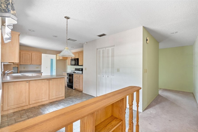 2807 Country River Dr, Parrish, FL 34219 - kitchen featuring range with electric stovetop, light brown cabinets, black microwave, a peninsula, and a sink