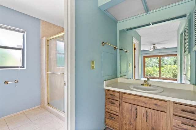 2807 Country River Dr, Parrish, FL 34219 - full bath with vanity, a stall shower, tile patterned flooring, and a ceiling fan