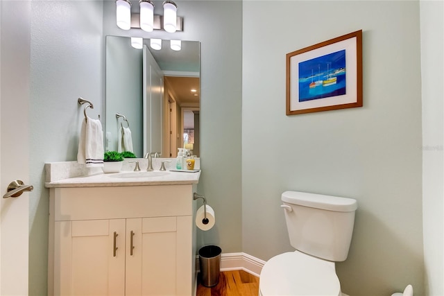 bathroom featuring vanity, wood-type flooring, and toilet