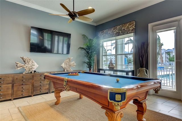 game room featuring light tile patterned floors, ceiling fan, ornamental molding, and billiards