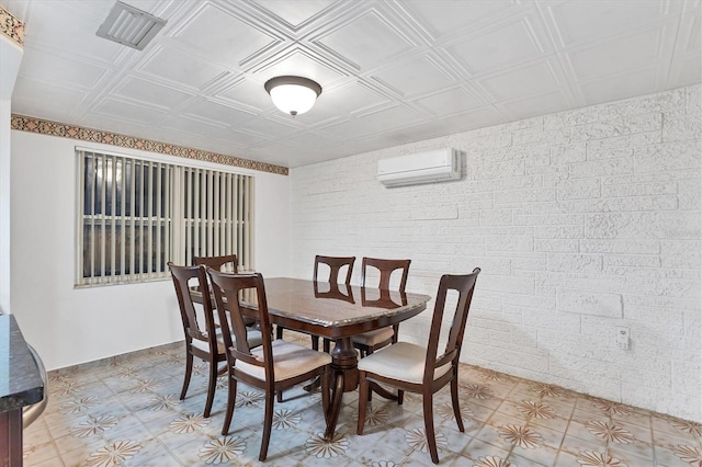 dining space featuring brick wall and a wall mounted air conditioner