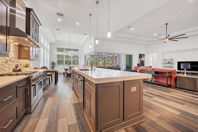 kitchen with a center island with sink, a raised ceiling, sink, decorative light fixtures, and stainless steel appliances