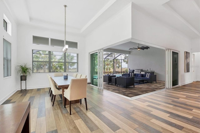 dining room with a high ceiling, light wood-type flooring, and ceiling fan