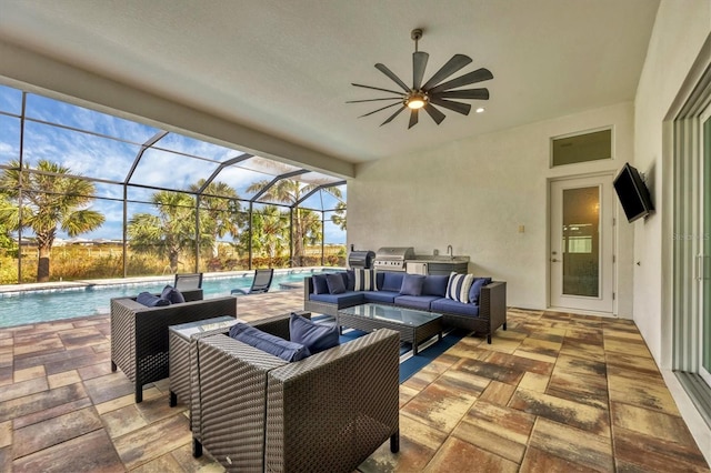 view of patio featuring an outdoor hangout area, area for grilling, and a lanai