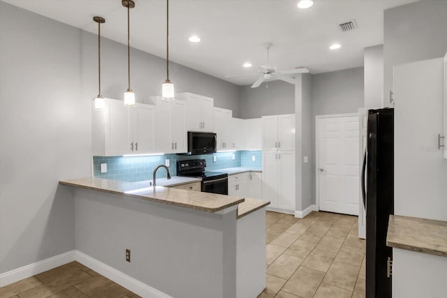 kitchen featuring black appliances, white cabinets, ceiling fan, decorative light fixtures, and kitchen peninsula