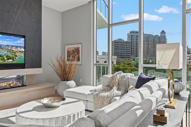 living room featuring expansive windows and a premium fireplace