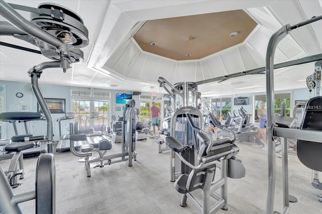 gym featuring french doors and light carpet