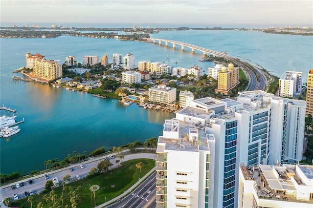 bird's eye view with a water view