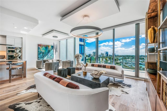 living room featuring a healthy amount of sunlight, a wall of windows, and light hardwood / wood-style flooring