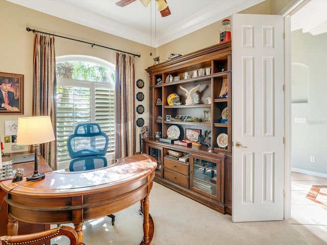 carpeted office featuring ceiling fan and ornamental molding