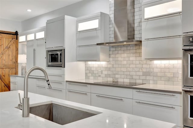 kitchen with backsplash, wall chimney exhaust hood, stainless steel appliances, sink, and a barn door