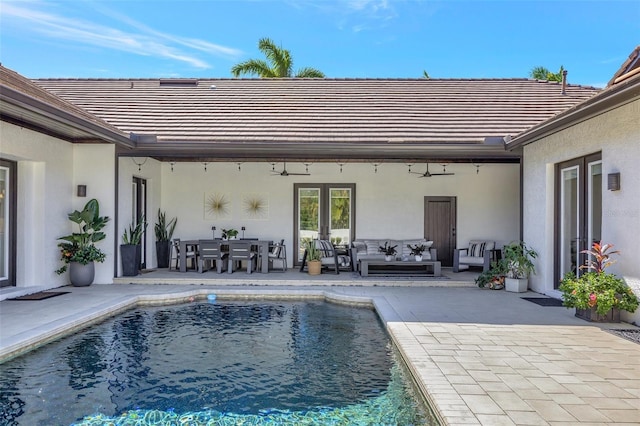 7003 River Club Blvd, Bradenton, FL 34202 - outdoor pool featuring ceiling fan, outdoor lounge area, a patio area, and outdoor dining area