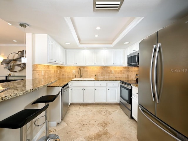 kitchen with white cabinets, a raised ceiling, sink, stone countertops, and stainless steel appliances