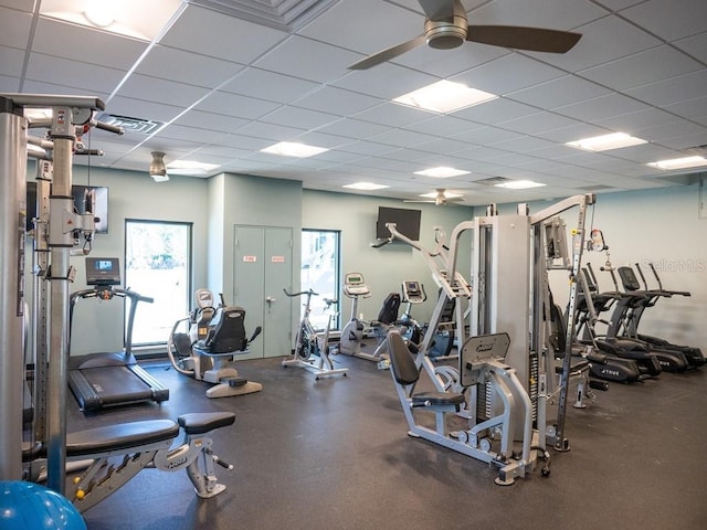 workout area with ceiling fan and a drop ceiling