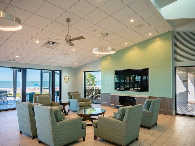 building lobby featuring a water view