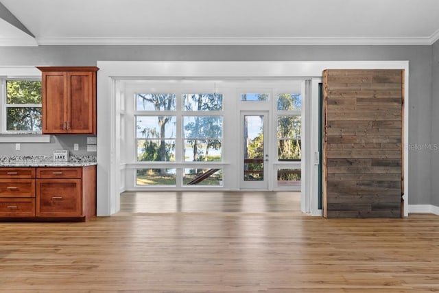 unfurnished living room with light wood-type flooring and ornamental molding