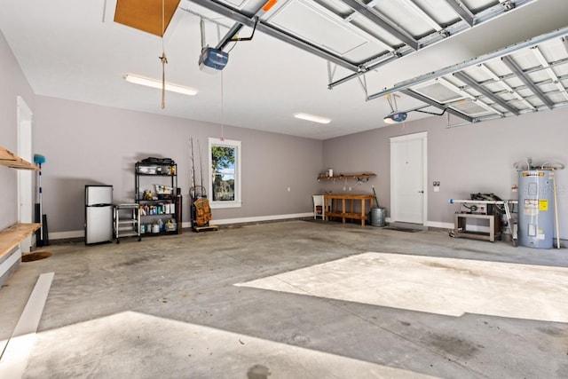 garage with electric water heater, refrigerator, and a garage door opener