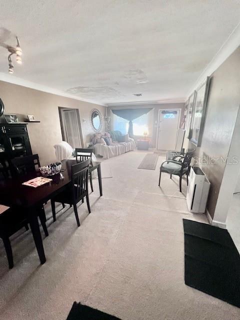 carpeted living room with heating unit, a textured ceiling, and ornamental molding