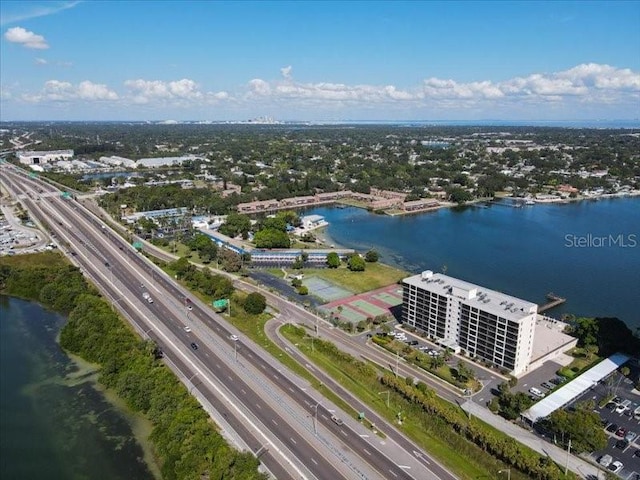 aerial view featuring a water view