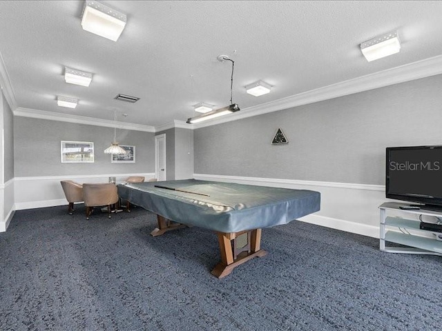 game room with carpet, a textured ceiling, ornamental molding, and billiards