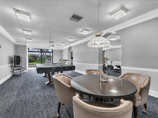 carpeted dining room featuring crown molding, a textured ceiling, and billiards