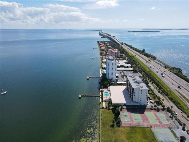 bird's eye view with a water view