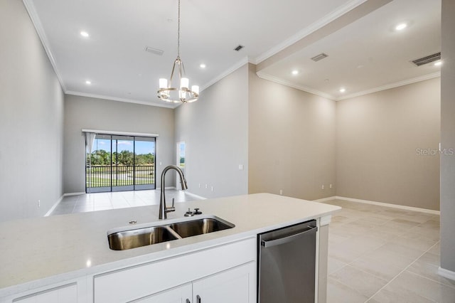 kitchen featuring crown molding, sink, stainless steel dishwasher, decorative light fixtures, and white cabinetry