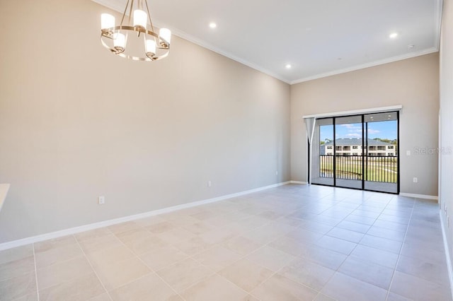 empty room featuring crown molding, light tile patterned flooring, and a chandelier