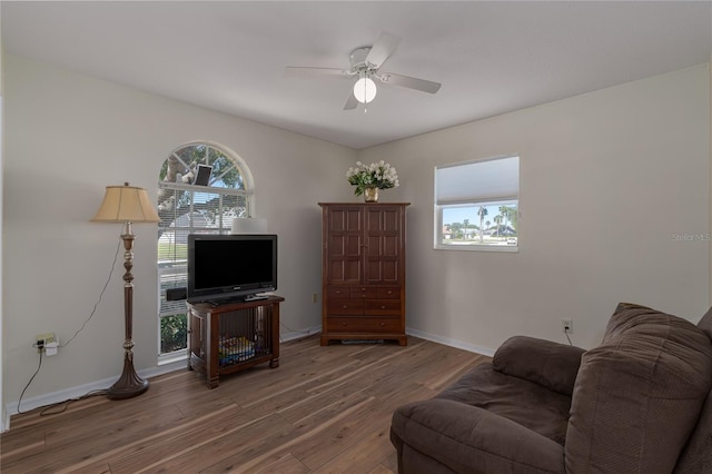 living room featuring hardwood / wood-style floors and ceiling fan