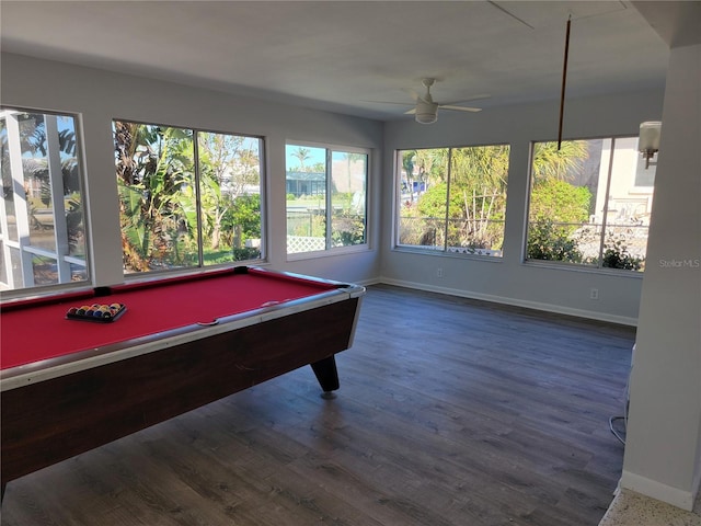 rec room with dark wood-type flooring, ceiling fan, and billiards