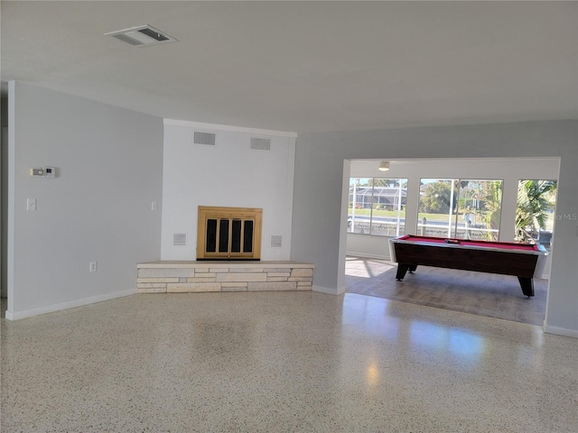 interior space featuring a fireplace and billiards