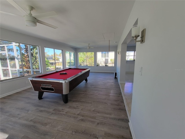 recreation room with ceiling fan, billiards, and hardwood / wood-style flooring