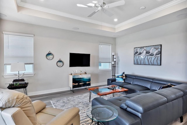 living room featuring hardwood / wood-style flooring, a healthy amount of sunlight, and a tray ceiling