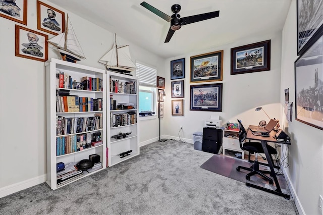 office with ceiling fan and carpet