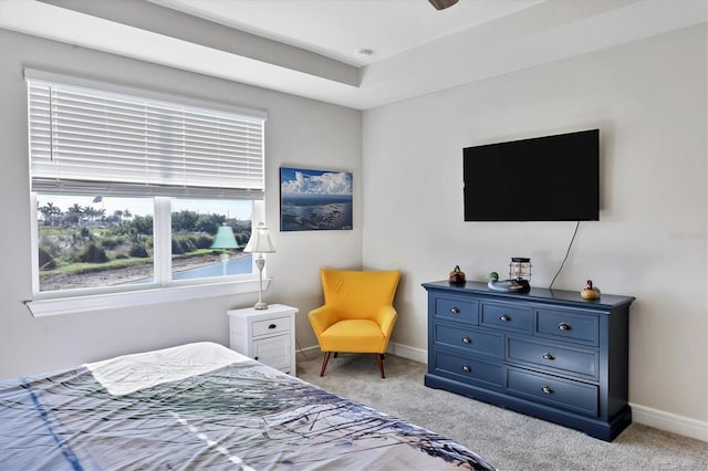 bedroom with ceiling fan and light colored carpet