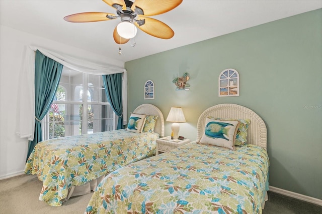 bedroom featuring carpet floors, ceiling fan, and baseboards