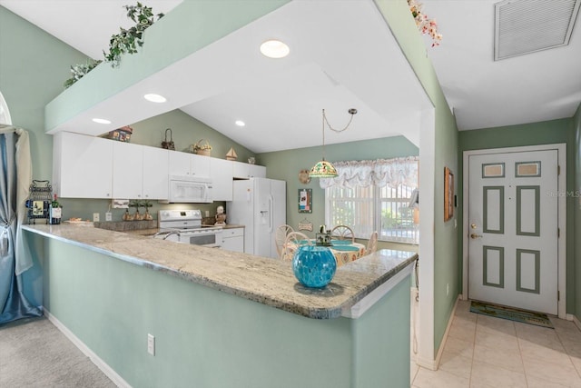 kitchen featuring light tile patterned floors, a peninsula, white appliances, visible vents, and white cabinets