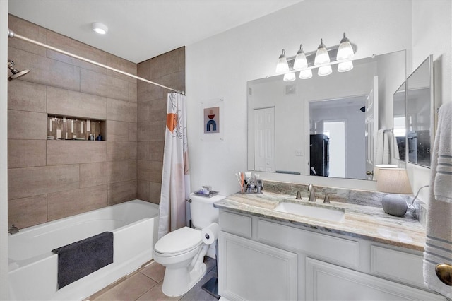 full bathroom with vanity, shower / bath combo with shower curtain, tile patterned flooring, and toilet