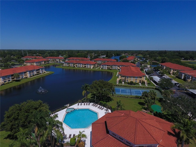 drone / aerial view featuring a water view