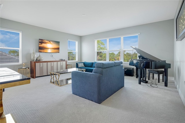 living room featuring light carpet