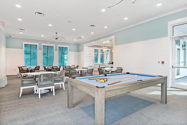 playroom featuring light colored carpet, ceiling fan, ornamental molding, and billiards