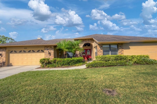 ranch-style home with a garage and a front lawn