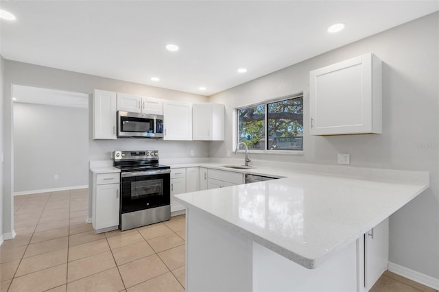 kitchen featuring white cabinetry, sink, kitchen peninsula, light tile patterned floors, and appliances with stainless steel finishes