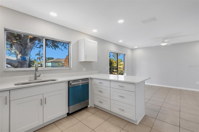 kitchen with white cabinetry, sink, ceiling fan, stainless steel dishwasher, and kitchen peninsula