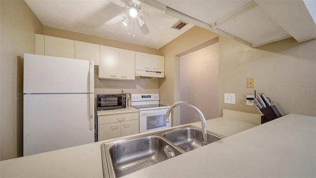 kitchen with ceiling fan, white cabinetry, white appliances, and sink