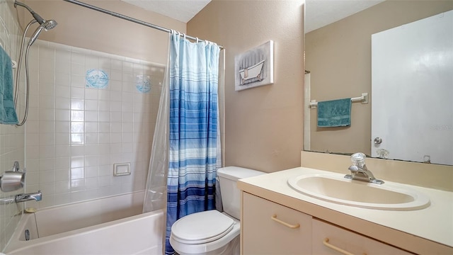 full bathroom with vanity, toilet, and shower / bath combo with shower curtain