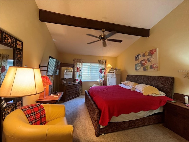 carpeted bedroom with lofted ceiling with beams and ceiling fan